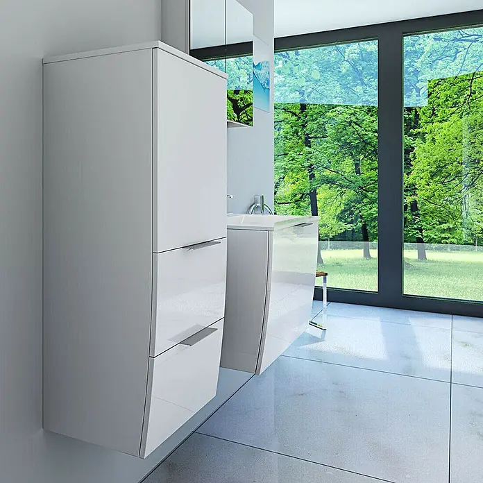 AcquaVapore Badmöbel-Set Fertigdusche Gently-1-B060-V2-L-F01-LED-EBox -  - Weißer hochglänzender Bad Hochschrank und passender Waschtisch.