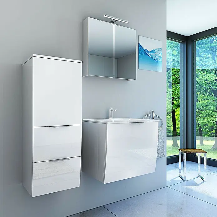 AcquaVapore Badmöbel-Set Fertigdusche Gently-1-B060-V2-L-F01-LED-EBox -  - Weißes hochglänzendes wandmontiertes Badezimmermöbelset mit Hochschrank, Waschtisch und Spiegelschrank in modernem Bad.