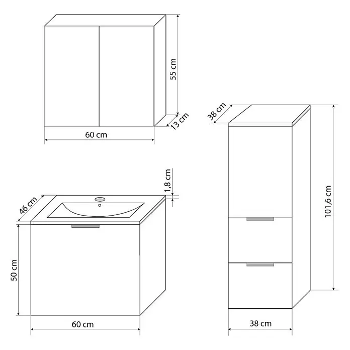 AcquaVapore Badmöbel-Set Fertigdusche Gently-1-B060-V2-L-F01-LED-EBox -  - Set aus drei weißen Badmöbeln: ein 60cm Wandschrank, ein 60cm Waschtischunterschrank mit Becken und ein 38cm Hochschrank.