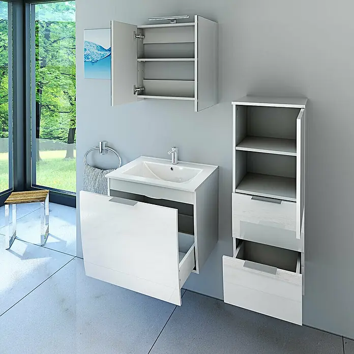 AcquaVapore Badmöbel-Set Fertigdusche Gently-1-B060-V2-R-F01-LED-EBox -  - Weißglänzendes Badmöbel-Set mit Waschbeckenunterschrank, Wandschrank und Hochschrank, mit geöffneten Türen/Schubladen.