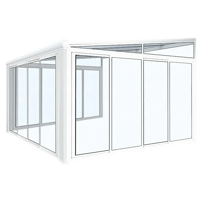 Wismar-NFI Wintergarten - 404 x 303,3 cm, Pultdach, Polycarbonat, Reinweiß, Milchig Weiß - Ein elegantes, weißes Terrassendach mit Glasfronten, das einen lichtdurchfluteten und modernen Außenbereich schafft. Perfekt für jede Jahreszeit.