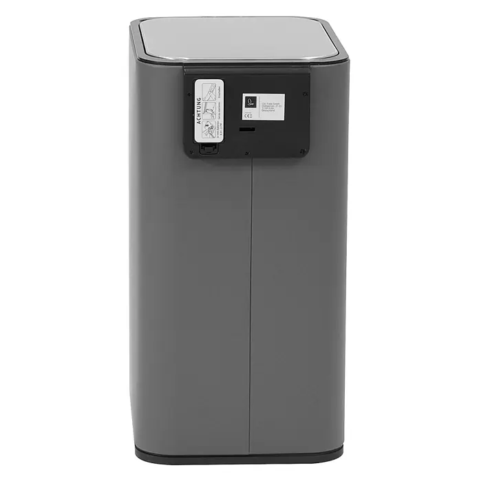 SVITA Sensormülleimer SE13L - 13 l, Stahl, Grau - Rückansicht eines grauen, rechteckigen, automatischen Abfalleimers mit Metalldeckel und Bedienfeld mit Batterieanweisungen.