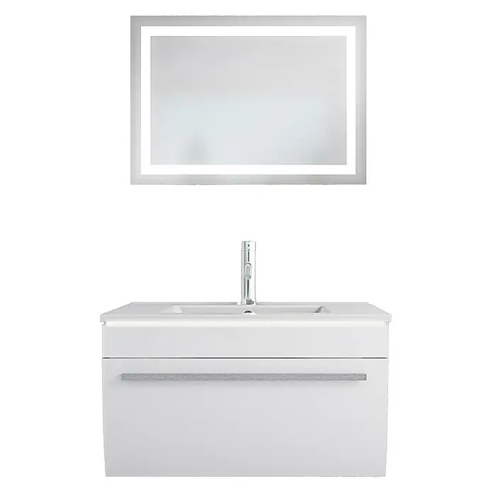AcquaVapore Badmöbel-Set Fertigdusche Gently-3-B070-V1-F01-LSP0910070H - Gesamtbreite Badmöbel: 46 cm - Weißer Badunterschrank mit integriertem Waschbecken, Chromarmatur und grauem Griff, ausgestattet mit LED-Beleuchtung. Darüber hängt ein rechteckiger hinterleuchteter Spiegel.