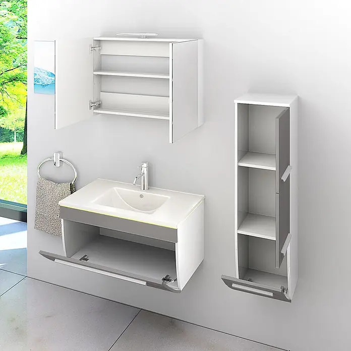 AcquaVapore Badmöbel-Set Fertigdusche Gently-3-B080-V2-R-F0102 -  - Modernes weiß-graues wandmontiertes Badmöbel-Set mit Waschbecken, Spiegelschrank und hohem Schrank, alle Türen offen.