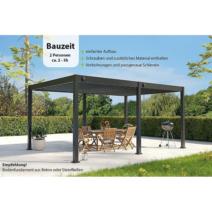 Weide Pergola Deluxe freistehend 3,6 x 5,3 m Anthrazit Aluminium - B x T: 530 x 360 cm, Farbe Gestell: Sandpapier FinishAnthrazit / RAL Farbcode 7024, Aluminium - Dunkelgraue Pergola mit verstellbarem Lamellendach über einer Gartenterrasse mit Esstisch und Grill.