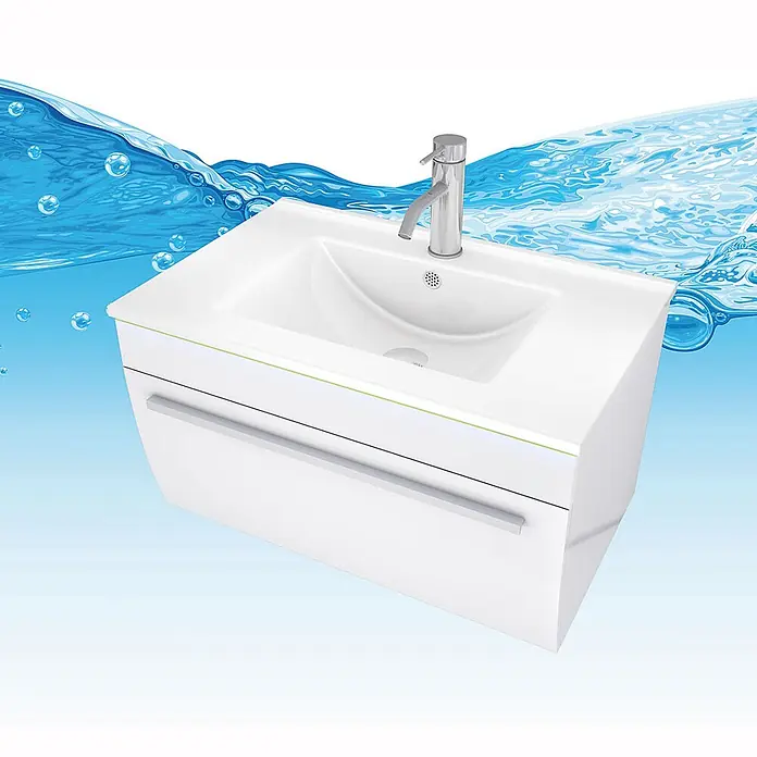 AcquaVapore Badmöbel-Set Fertigdusche Gently-3-B070-V2-R-F01 - Gesamtbreite Badmöbel: 46 cm - Weißer wandhängender Badunterschrank mit integriertem Keramikwaschbecken, Chromarmatur und silbernem Griff.