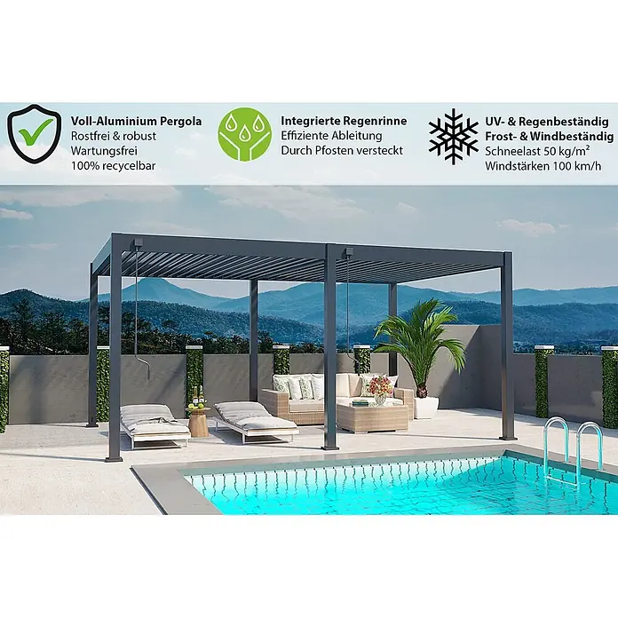Weide Pergola Deluxe freistehend 3,6 x 5,3 m Anthrazit Aluminium - B x T: 530 x 360 cm, Farbe Gestell: Sandpapier FinishAnthrazit / RAL Farbcode 7024, Aluminium - Dunkelgraue Aluminium-Pergola, die eine Terrasse mit Pool und Gartenmöbeln beschattet.