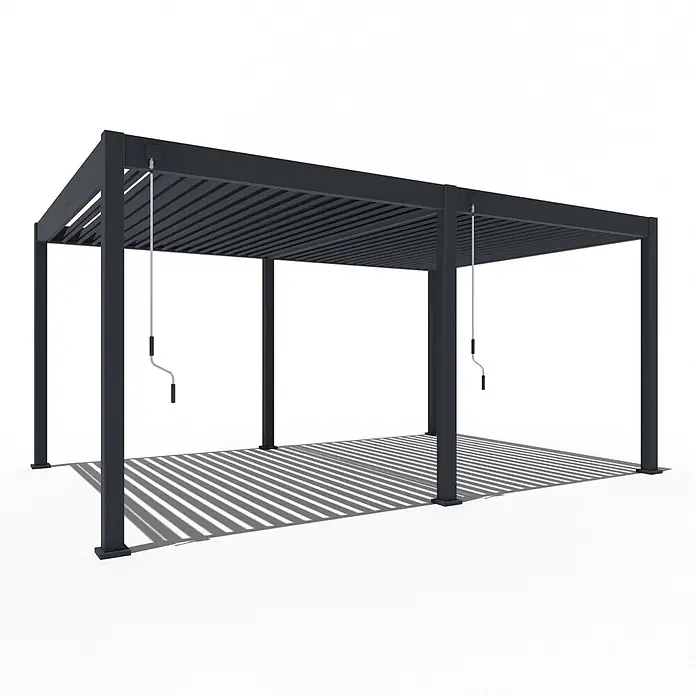 Weide Pergola Deluxe freistehend 3,6 x 5,3 m Anthrazit Aluminium - B x T: 530 x 360 cm, Farbe Gestell: Sandpapier FinishAnthrazit / RAL Farbcode 7024, Aluminium - Dunkelgraue Aluminium-Pergola mit verstellbarem Lamellendach, bedienbar über zwei Handkurbeln.