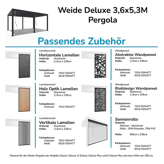 Weide Pergola Deluxe freistehend 3,6 x 5,3 m Anthrazit Aluminium - B x T: 530 x 360 cm, Farbe Gestell: Sandpapier FinishAnthrazit / RAL Farbcode 7024, Aluminium - Schwarze Aluminium-Pergola mit Zubehör: Lamellenwände, Wandpaneele und Sonnenrollo, erhältlich in Anthrazit oder Weiß.