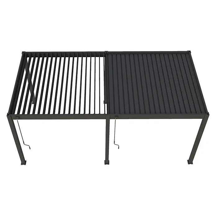 Weide Pergola Deluxe freistehend 3,6 x 5,3 m Anthrazit Aluminium - B x T: 530 x 360 cm, Farbe Gestell: Sandpapier FinishAnthrazit / RAL Farbcode 7024, Aluminium - Dunkelgraue verstellbare Lamellen-Pergola mit offenem und geschlossenem Lattenbereich, von oben gesehen.