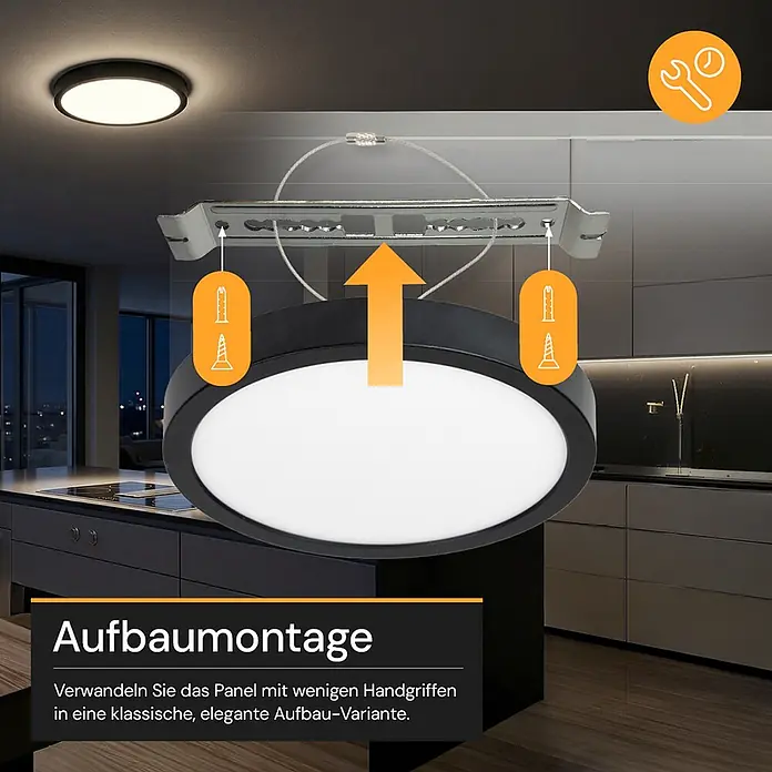 Enovalite LED-Deckenleuchte rund - 12 W, Ø x H: 16,5 x 1,95 cm, Schwarz, Schwarz, Mehrfarbig - Runde schwarze LED-Deckenleuchte zur Aufbaumontage an einer Halterung mit Schrauben.