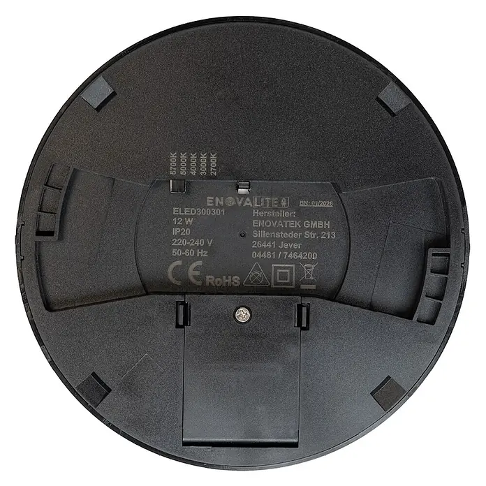 Enovalite LED-Deckenleuchte rund - 12 W, Ø x H: 16,5 x 1,95 cm, Schwarz, Schwarz, Mehrfarbig - Rückseite einer schwarzen runden LED-Leuchte mit technischen Daten wie Leistung (12W), Spannung (220-240V), IP20 und Farbtemperaturoptionen.