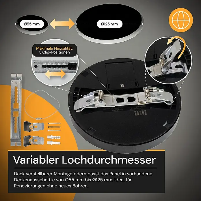 Enovalite LED-Deckenleuchte rund - 12 W, Ø x H: 16,5 x 1,95 cm, Schwarz, Schwarz, Mehrfarbig - Rundes schwarzes LED-Panel mit silbernen, verstellbaren Montagefedern für Lochausschnitte von 55mm bis 125mm.