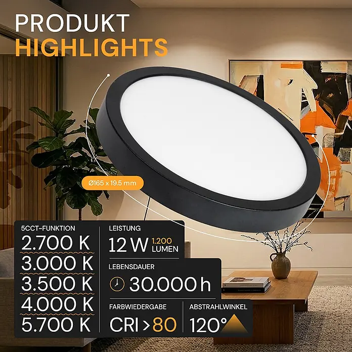 Enovalite LED-Deckenleuchte rund - 12 W, Ø x H: 16,5 x 1,95 cm, Schwarz, Schwarz, Mehrfarbig - Schwarze, runde LED-Deckenleuchte mit weißer Beleuchtung, in einem modernen Wohnzimmerambiente dargestellt.