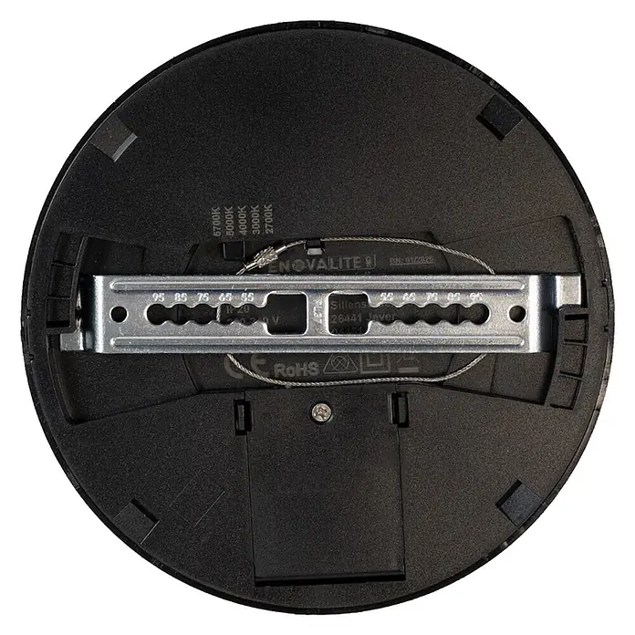 Enovalite LED-Deckenleuchte rund - 12 W, Ø x H: 16,5 x 1,95 cm, Schwarz, Schwarz, Mehrfarbig - Rückseite einer runden schwarzen LED-Leuchte mit silberner Montagehalterung und Farbtemperatureinstellungen.