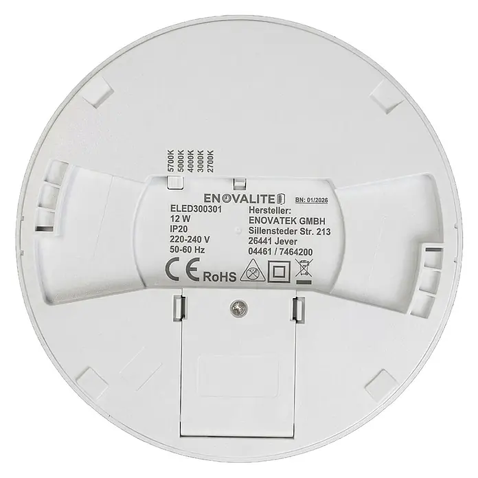 Enovalite LED-Deckenleuchte rund - 12 W, Ø x H: 16,5 x 1,95 cm, Weiß, Weiß, Mehrfarbig - Rückseite einer weißen, runden LED-Deckenleuchte mit technischen Daten und Montageklammern.
