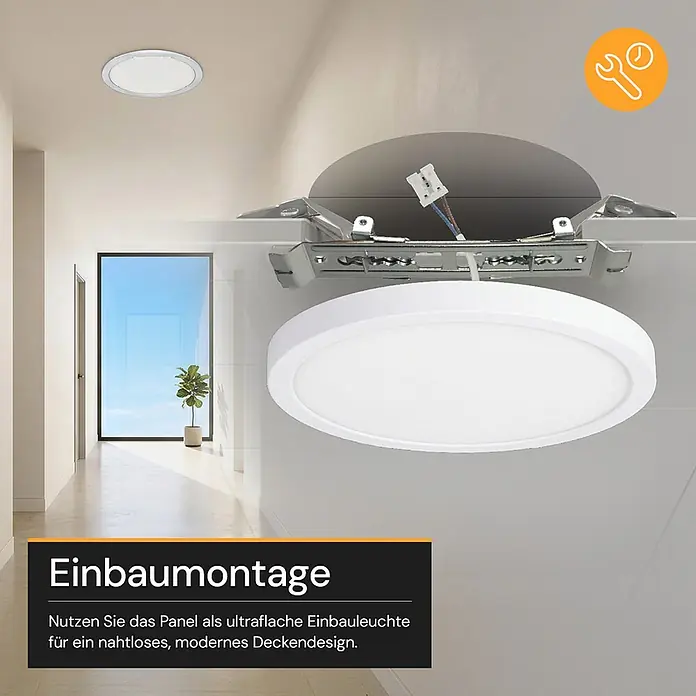 Enovalite LED-Deckenleuchte rund - 12 W, Ø x H: 16,5 x 1,95 cm, Weiß, Weiß, Mehrfarbig - Runde, weiße, ultraflache LED-Einbauleuchte wird in eine Decke eingelassen, Montagehalterungen sichtbar.