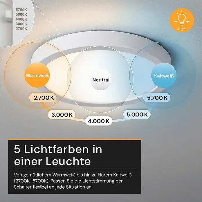 Enovalite LED-Deckenleuchte rund - 12 W, Ø x H: 16,5 x 1,95 cm, Weiß, Weiß, Mehrfarbig - Weiße, runde Deckenleuchte mit 5 einstellbaren Lichtfarben von Warmweiß bis Kaltweiß (2700K-5700K).