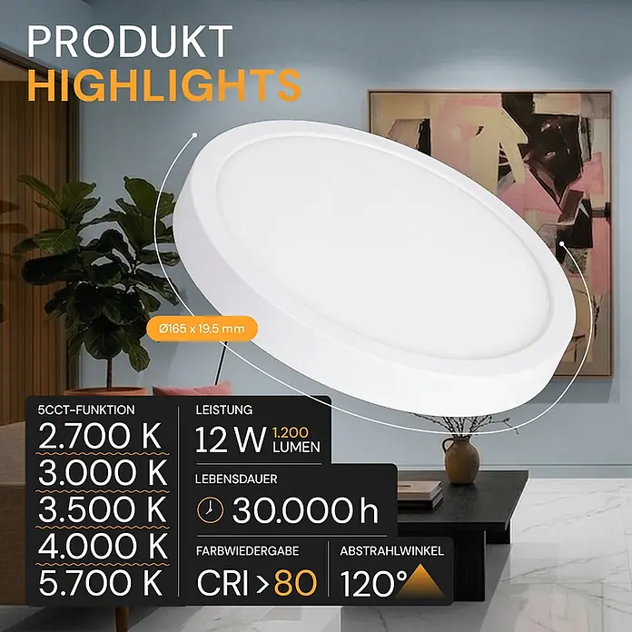 Enovalite LED-Deckenleuchte rund - 12 W, Ø x H: 16,5 x 1,95 cm, Weiß, Weiß, Mehrfarbig - Weißes, rundes LED-Deckenlicht (Ø165x19.5mm) in einem modernen Raum.