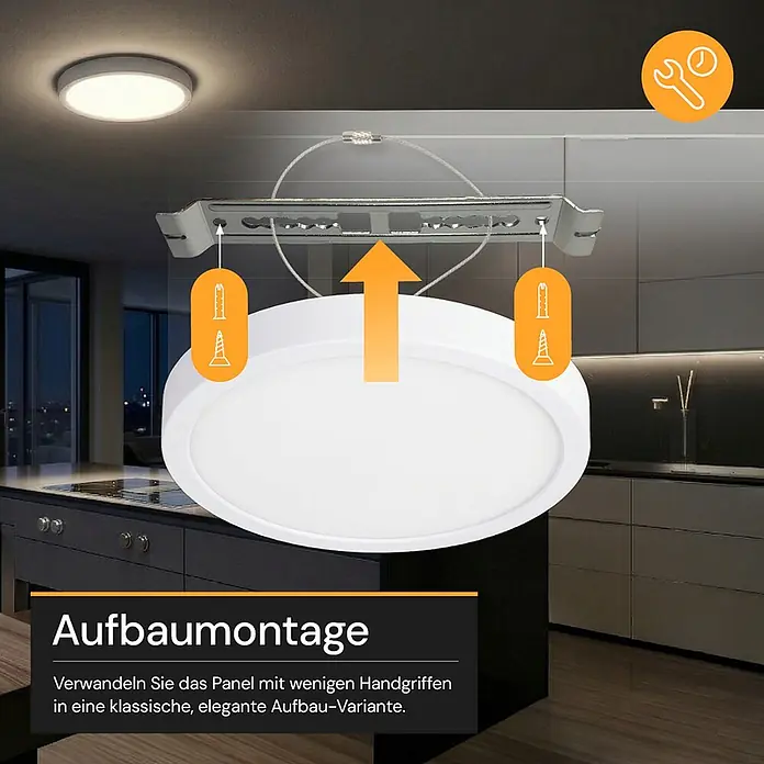 Enovalite LED-Deckenleuchte rund - 12 W, Ø x H: 16,5 x 1,95 cm, Weiß, Weiß, Mehrfarbig - Weißes, rundes LED-Panel zur Aufbaumontage an der Decke in einer modernen Küche.