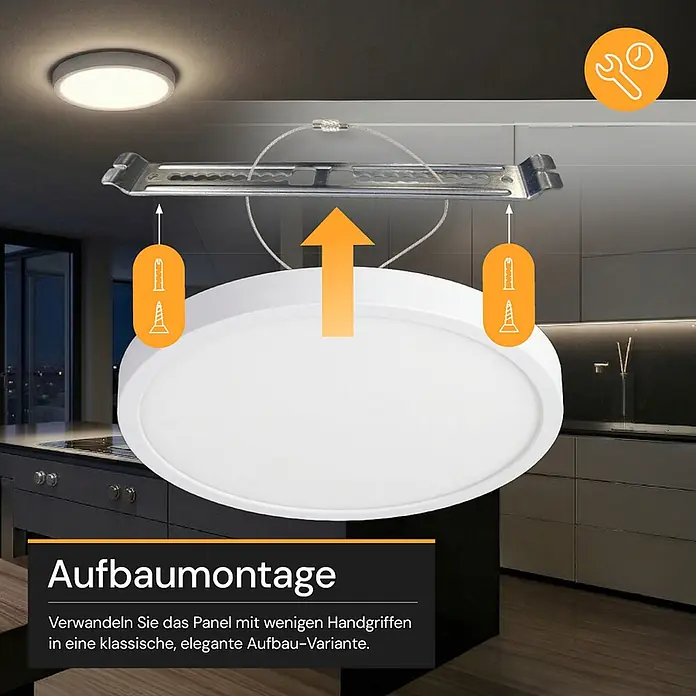Enovalite LED-Deckenleuchte rund - 18 W, Ø x H: 21,5 x 1,95 cm, Weiß, Weiß, Mehrfarbig - Weißes, rundes LED-Panel zur Aufbaumontage an der Decke. Befestigung mit Halterung und Schrauben gezeigt.