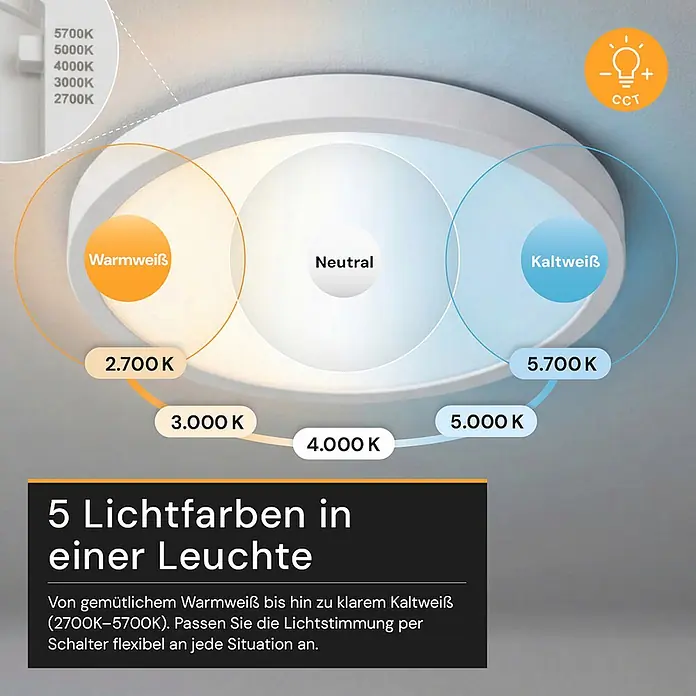 Enovalite LED-Deckenleuchte rund - 24 W, Ø x H: 29 x 1,95 cm, Weiß, Weiß, Mehrfarbig - Eine weiße Deckenleuchte zeigt einstellbare Farbtemperaturen von Warmweiß bis Kaltweiß (2700K-5700K).