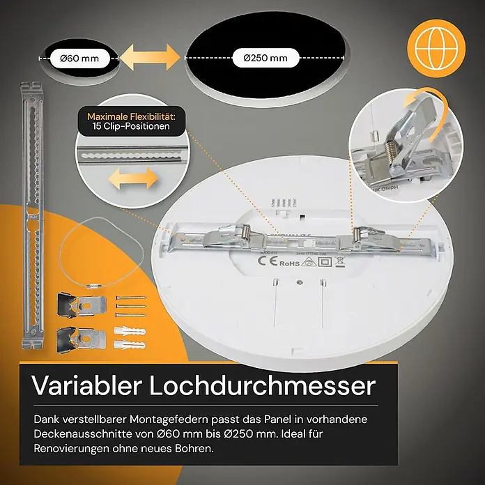Enovalite LED-Deckenleuchte rund - 24 W, Ø x H: 29 x 1,95 cm, Weiß, Weiß, Mehrfarbig - Rundes LED-Panel mit verstellbaren Montagefedern für Deckenausschnitte von 60-250 mm. Ideal für Renovierungen.