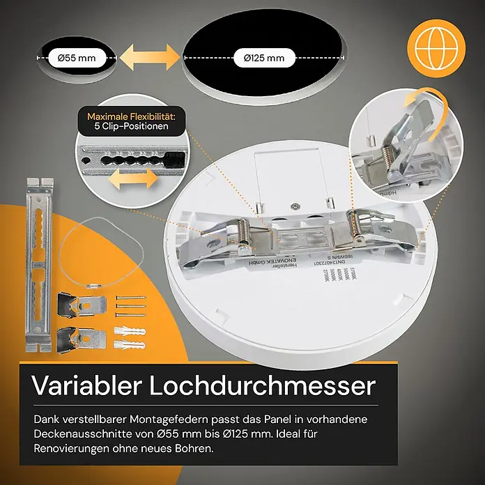 Enovalite LED-Deckenleuchte rund - 12 W, Ø x H: 16,5 x 1,95 cm, Weiß, Weiß, Mehrfarbig - Weißes rundes LED-Panel mit verstellbaren Montagefedern für Deckenausschnitte von Ø55 bis Ø125 mm.