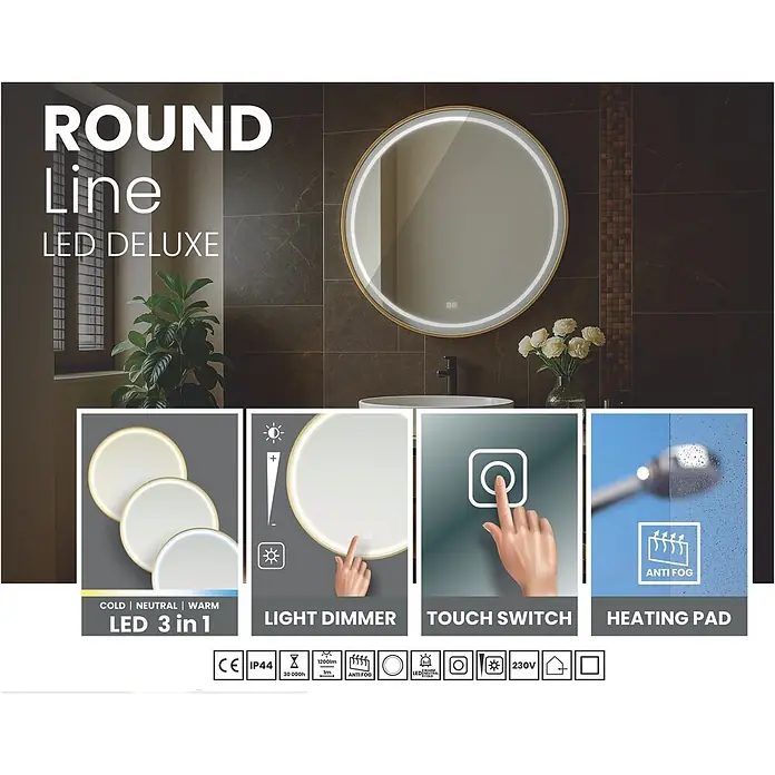 Cordia Lichtspiegel - 80 x 80 cm, Gold - Runder LED-Spiegel mit Goldrahmen, Touch-Steuerung, dimmbarem Licht, 3-in-1 Farbtemperatur und Antibeschlag-Heizplatte im modernen Badezimmer.