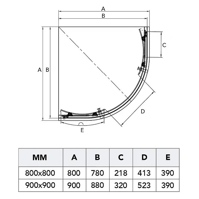 Kiamami Valentina Runddusche - 80 x 80 x 185 cm, Satiniert - Technische Zeichnung einer Viertelkreis-Duschkabine mit Maßen A, B, C, D, E für Größen 800x800mm und 900x900mm.