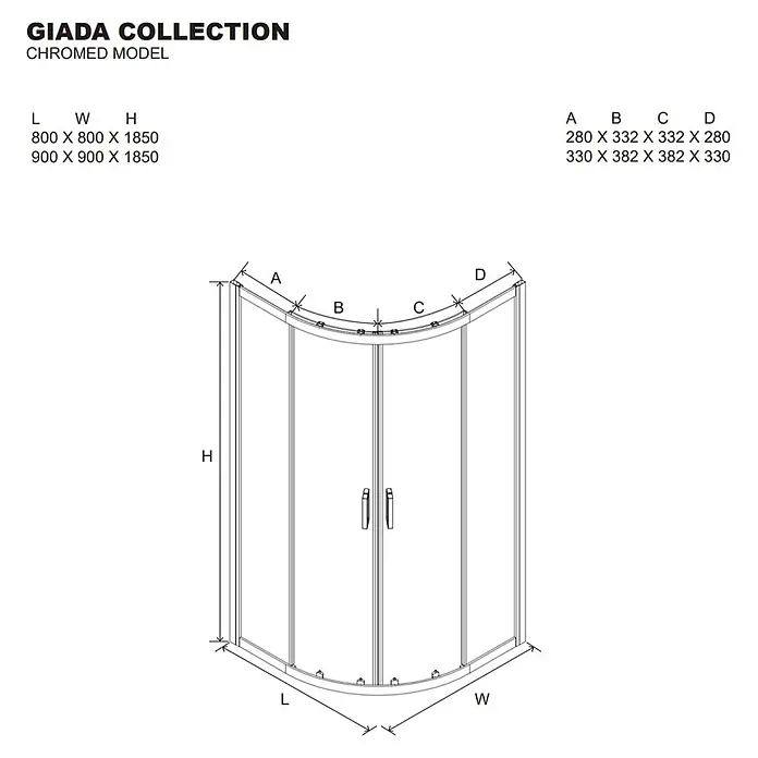 Kiamami Valentina Runddusche - 80 x 80 x 185 cm, Transparent - Technisches Diagramm einer verchromten Viertelkreis-Duschkabine der Giada Kollektion mit Maßen.