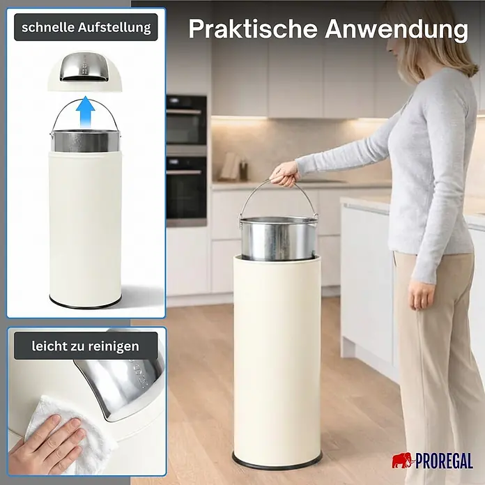 PROREGAL Mülleimer Küche Bad mit Push Klappe 70L, Abfalleimer Groß 38 Liter, Stahl Creme Weiß, Pushmülleimer Abfallsammler mit Pushdeckel, Müllbehälter, Müllsammler, Abfallbehälter -  - Cremefarbener Mülleimer mit herausnehmbarem Metalleinsatz, in Küche gezeigt. Betont schnelle Aufstellung und einfache Reinigung.