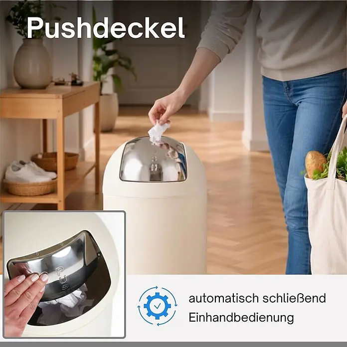 PROREGAL Mülleimer Küche Bad mit Push Klappe 70L, Abfalleimer Groß 38 Liter, Stahl Creme Weiß, Pushmülleimer Abfallsammler mit Pushdeckel, Müllbehälter, Müllsammler, Abfallbehälter -  - Cremefarbener Mülleimer mit silbernem Pushdeckel. Für Einhandbedienung und automatisches Schließen.