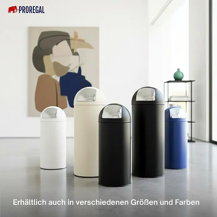 PROREGAL Mülleimer Küche Bad mit Push Klappe 70L, Abfalleimer Groß 38 Liter, Stahl Creme Weiß, Pushmülleimer Abfallsammler mit Pushdeckel, Müllbehälter, Müllsammler, Abfallbehälter -  - Fünf moderne Abfalleimer in Weiß, Creme, Schwarz und Blau, die verschiedene Größen in einem hellen Innenraum zeigen.