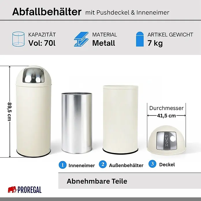PROREGAL Mülleimer Küche Bad mit Push Klappe 70L, Abfalleimer Groß 38 Liter, Stahl Creme Weiß, Pushmülleimer Abfallsammler mit Pushdeckel, Müllbehälter, Müllsammler, Abfallbehälter -  - Cremefarbener Mülleimer aus Metall mit Pushdeckel und Inneneimer, 70L Volumen.