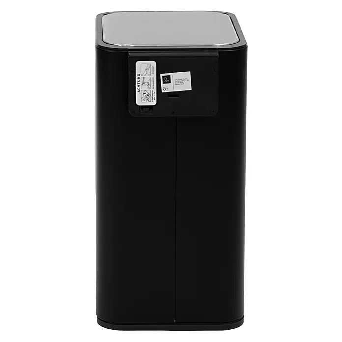 SVITA Sensormülleimer SE13L - 13 l, Stahl, Schwarz - Schwarzer rechteckiger Sensor-Mülleimer mit silbernem Deckel, Rückansicht mit Batteriefachdetails.
