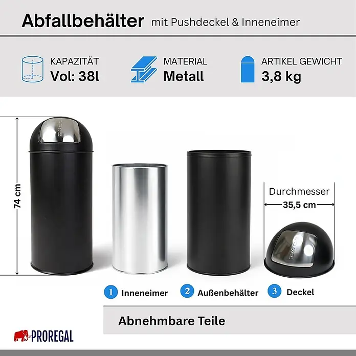 PROREGAL Mülleimer Küche Bad mit Push Klappe 38L, Abfalleimer 38 Liter, Stahl Matt Schwarz, Pushmülleimer Abfallsammler mit Pushdeckel, Müllbehälter, Müllsammler, Abfallbehälter -  - Schwarzer Abfallbehälter aus Metall mit Pushdeckel und herausnehmbarem Inneneimer, 38L, 74cm hoch.