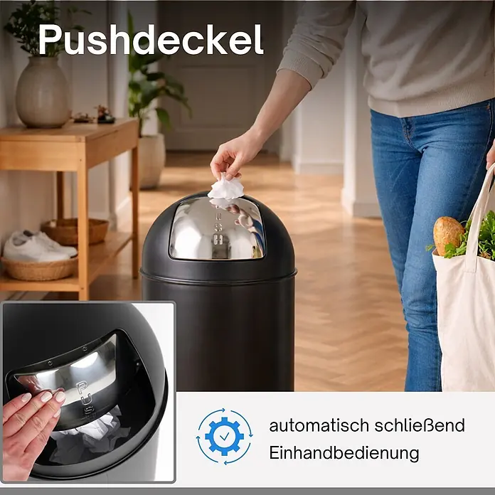 PROREGAL Mülleimer Küche Bad mit Push Klappe 38L, Abfalleimer 38 Liter, Stahl Matt Schwarz, Pushmülleimer Abfallsammler mit Pushdeckel, Müllbehälter, Müllsammler, Abfallbehälter -  - Schwarzer Mülleimer mit Chrom-Pushdeckel. Eine Person entsorgt Müll per Druckmechanismus, zeigt automatisches Schließen & Einhandbedienung.