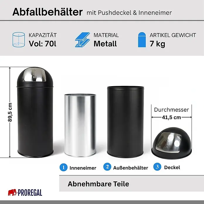 PROREGAL Mülleimer Küche Bad mit Push Klappe 70L, Abfalleimer Groß 38 Liter, Stahl Matt Schwarz, Pushmülleimer Abfallsammler mit Pushdeckel, Müllbehälter, Müllsammler, Abfallbehälter -  - Schwarzer Metall-Abfallbehälter mit silbernem Pushdeckel und herausnehmbarem Inneneimer, zerlegt/montiert. 70L, 89,5 cm H, 41,5 cm D, 7 kg.