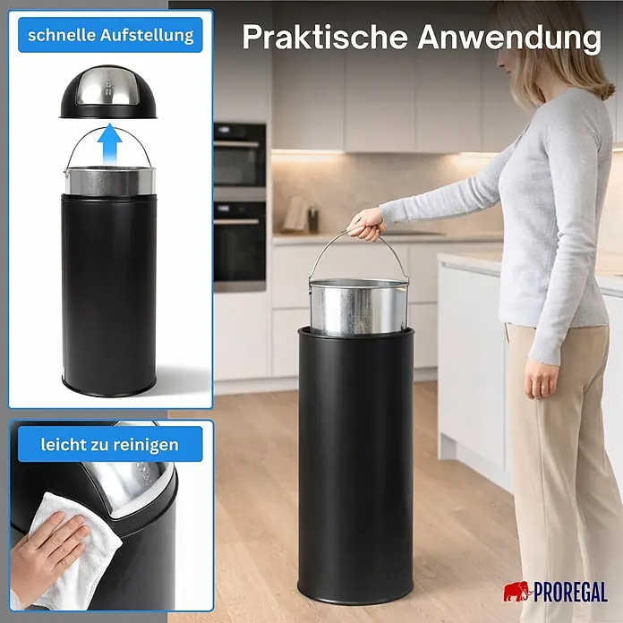 PROREGAL Mülleimer Küche Bad mit Push Klappe 70L, Abfalleimer Groß 38 Liter, Stahl Matt Schwarz, Pushmülleimer Abfallsammler mit Pushdeckel, Müllbehälter, Müllsammler, Abfallbehälter -  - Schwarzer Mülleimer mit herausnehmbarem Silbereinsatz. Zeigt schnelle Montage, praktische Anwendung und leichte Reinigung.