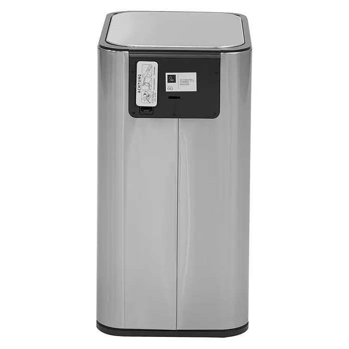 SVITA Sensormülleimer SE13L - 13 l, Edelstahl, Silber - Edelstahl-Sensorabfalleimer mit schwarzer Rückseite, die Batterieanweisungen zeigt.