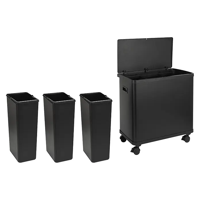 SVITA Sensormülleimer SR3X18 - 54 l, Stahl, Schwarz - Schwarzes Recycling-Mülltrennsystem: drei Innenbehälter und eine rollbare Außeneinheit mit drei Fächern und offenem Deckel.