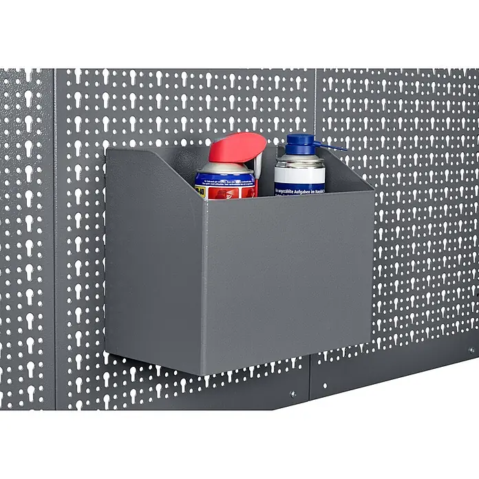 Küpper Ablagebox - Passend für: Küpper Lochwände, Hellgrau - Graue Metall-Ablagebox für Lochwand, mit zwei Sprühdosen.