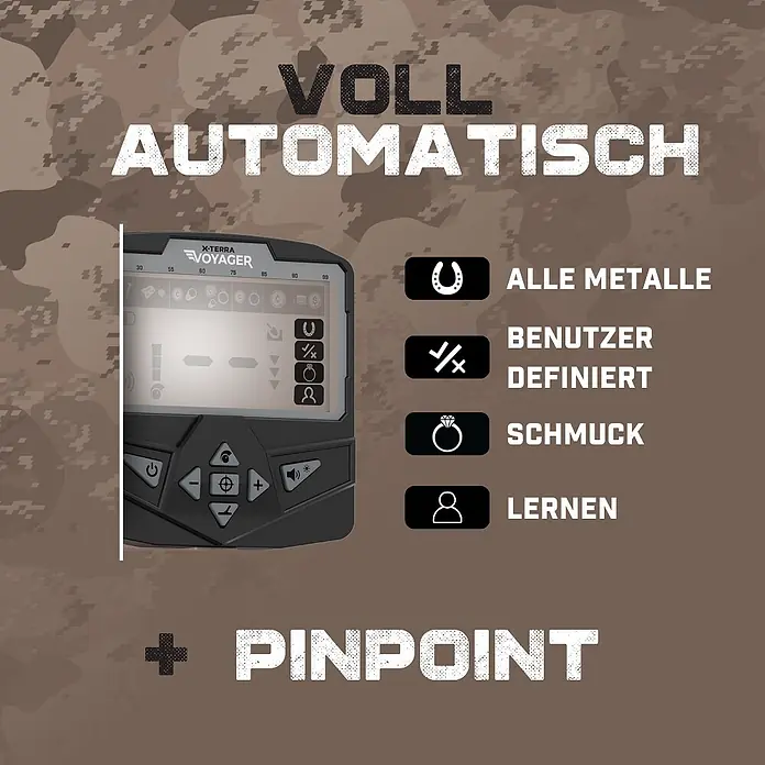 Minelab Metalldetektor X-TERRA Voyager Tactical - 2 Akkus, L x B x H: 220 x 330 x 1.450 mm - X-TERRA Voyager Metalldetektor-Display mit Modi für Vollautomatik, alle Metalle, benutzerdefiniert, Schmuck, Lernen und Pinpoint.