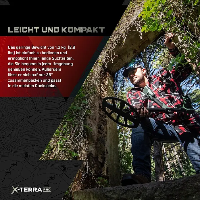 Minelab Metalldetektor X-TERRA PRO - 3,7 V, 1 Akku, 5.100 mAh, L x B x H: 230 x 310 x 1.380 mm - Mann benutzt einen grünen und schwarzen X-Terra Pro Metalldetektor in einer überwucherten Struktur.