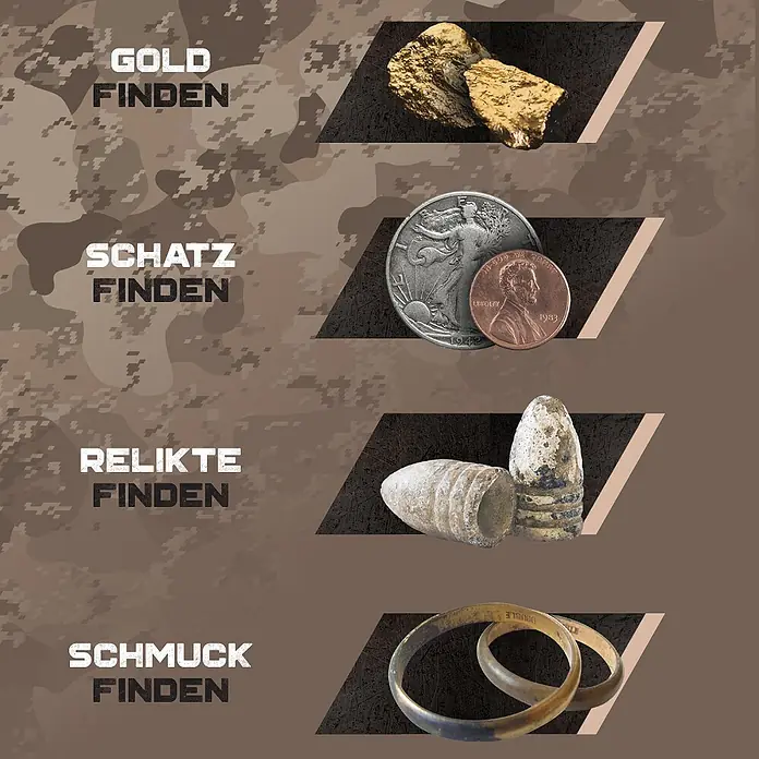 Minelab Metalldetektor X-TERRA Voyager Tactical - 2 Akkus, L x B x H: 220 x 330 x 1.450 mm - Beispiele für Funde: Goldnuggets, Münzen, historische Projektile und Metallarmbänder.