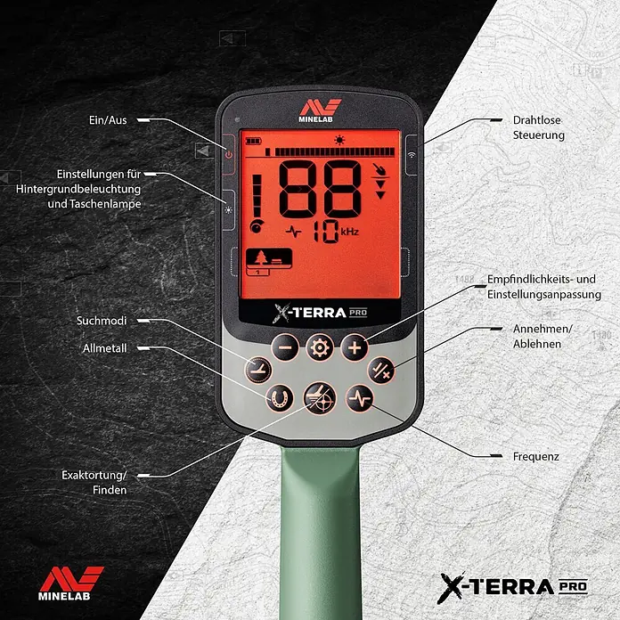Minelab Metalldetektor X-TERRA PRO - 3,7 V, 1 Akku, 5.100 mAh, L x B x H: 230 x 310 x 1.380 mm - Minelab X-Terra Pro Metalldetektor-Bedieneinheit mit Display, das "188" und "10 kHz" zeigt, und beschrifteten Tasten für Suchmodi und Frequenz.