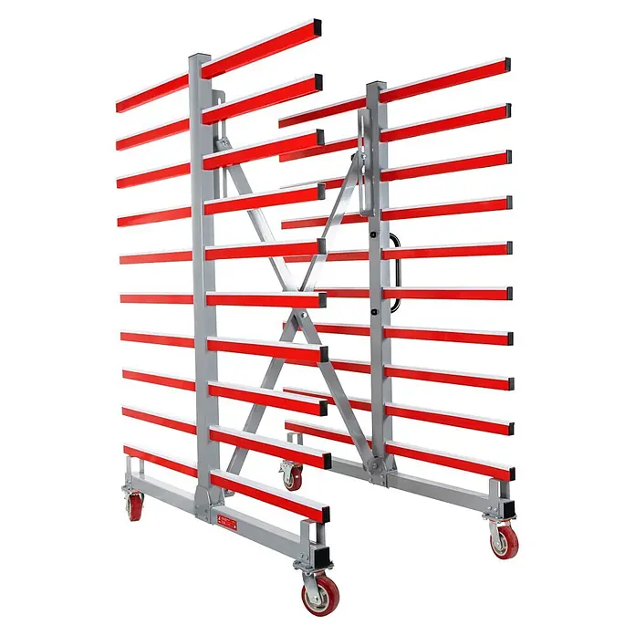Holzmann Regalwagen TAW70DUO - H x B x T: 193 x 136 x 150 cm, Traglast pro Träger: 45 kg, Anzahl Fächer: 20 Stk., Grau/Rot - Graues mobiles Lagerregal mit mehreren roten horizontalen Auflagearmen und vier roten Rollen.