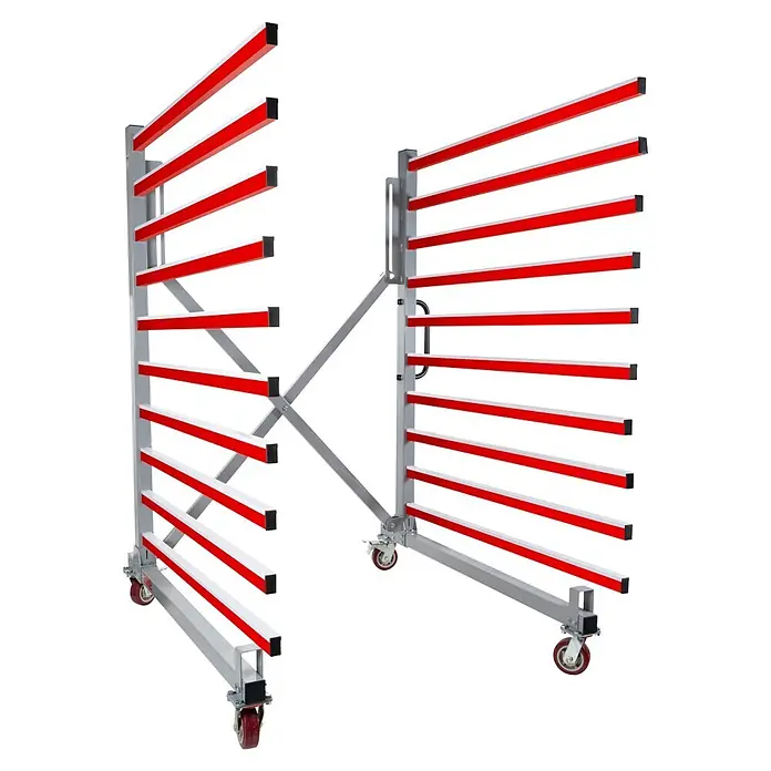 Holzmann Regalwagen TAW140 - H x B x T: 193 x 136 x 162 cm, Traglast pro Träger: 50 kg, Anzahl Fächer: 10 Stk., Grau/Rot - Mobiler Trockenwagen mit grauem Metallrahmen und mehreren roten Querstreben, auf Rollen.