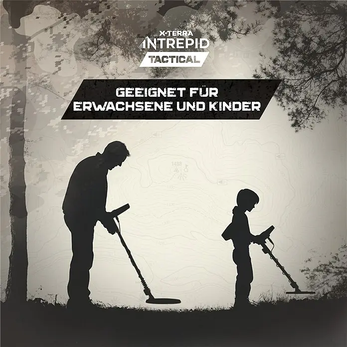 Minelab Metalldetektor X-TERRA Voyager Tactical - 2 Akkus, L x B x H: 220 x 330 x 1.450 mm - Ein Erwachsener und ein Kind nutzen Metalldetektoren. Geeignet für Erwachsene und Kinder.